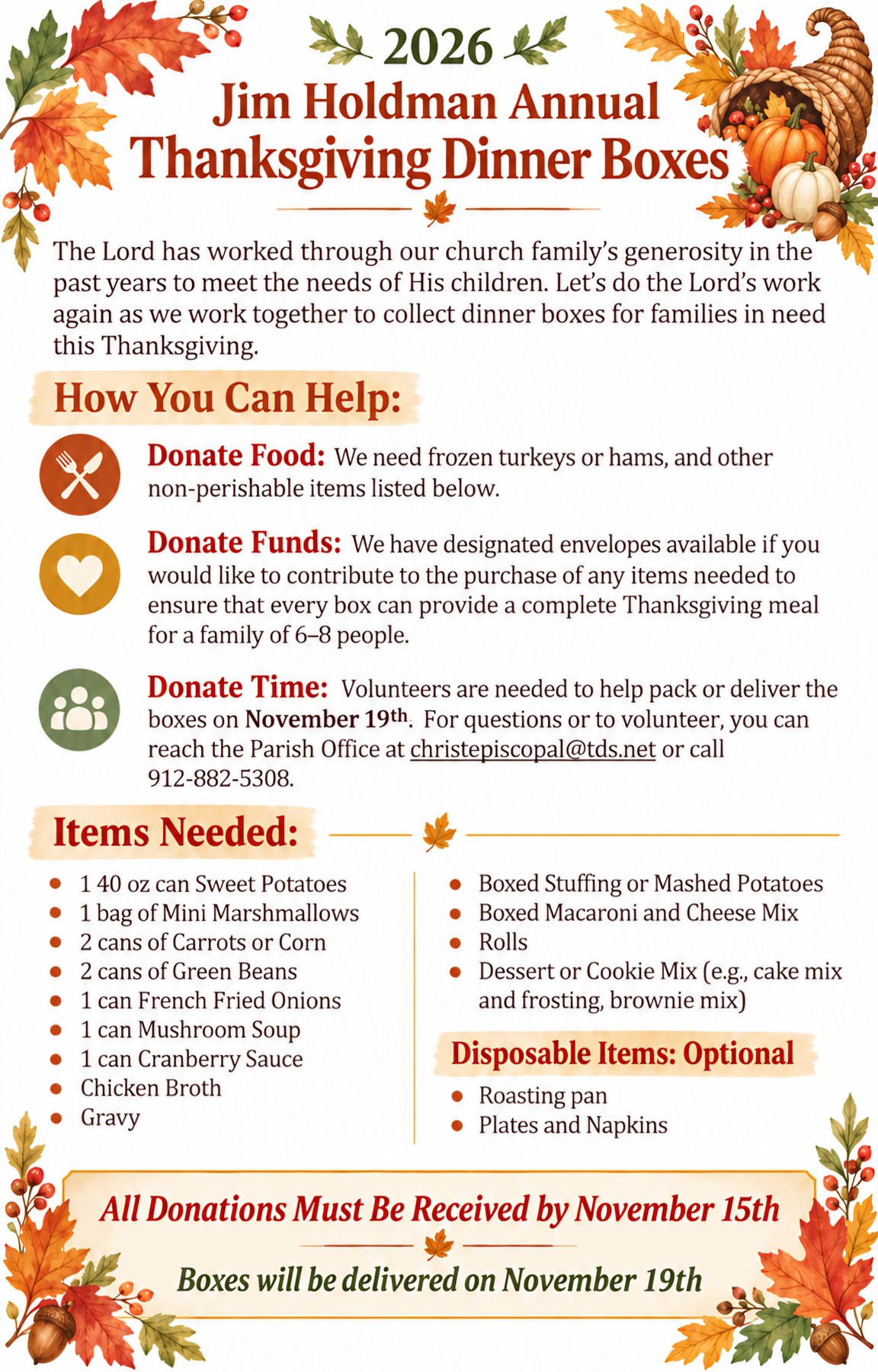 2026 Thanksgiving Dinner Boxes flyer with food list and donation dates